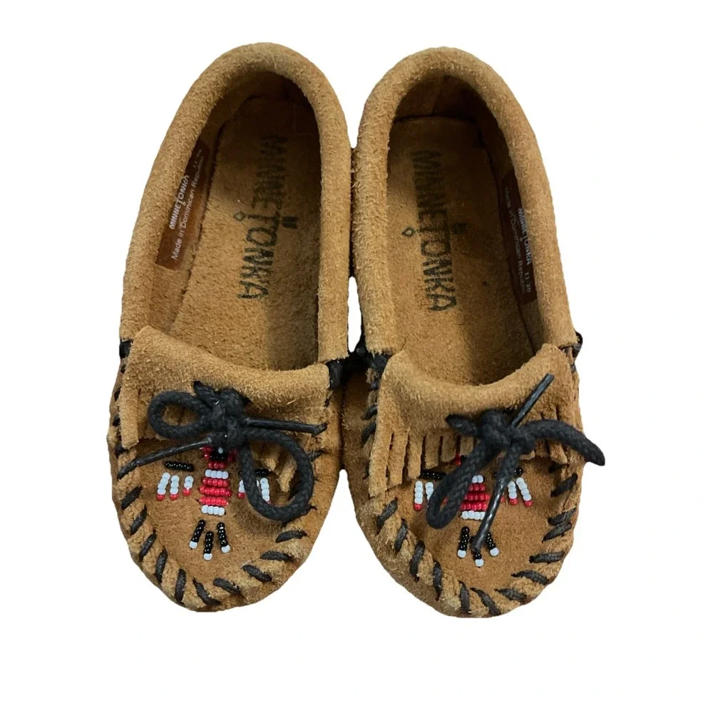 Minnetonka Thunderbird Moc Suede Moccasins Kids Sz 7 Beaded‎ Brown Slip On Shoes